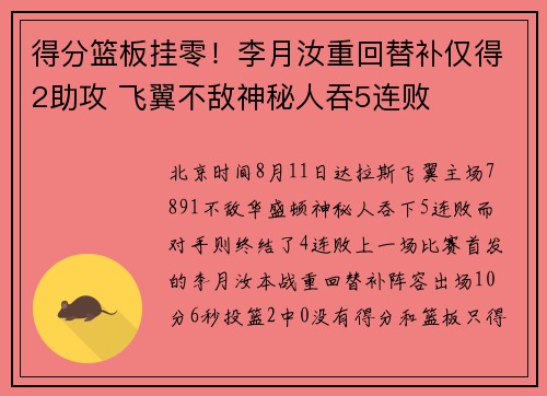 得分篮板挂零！李月汝重回替补仅得2助攻 飞翼不敌神秘人吞5连败